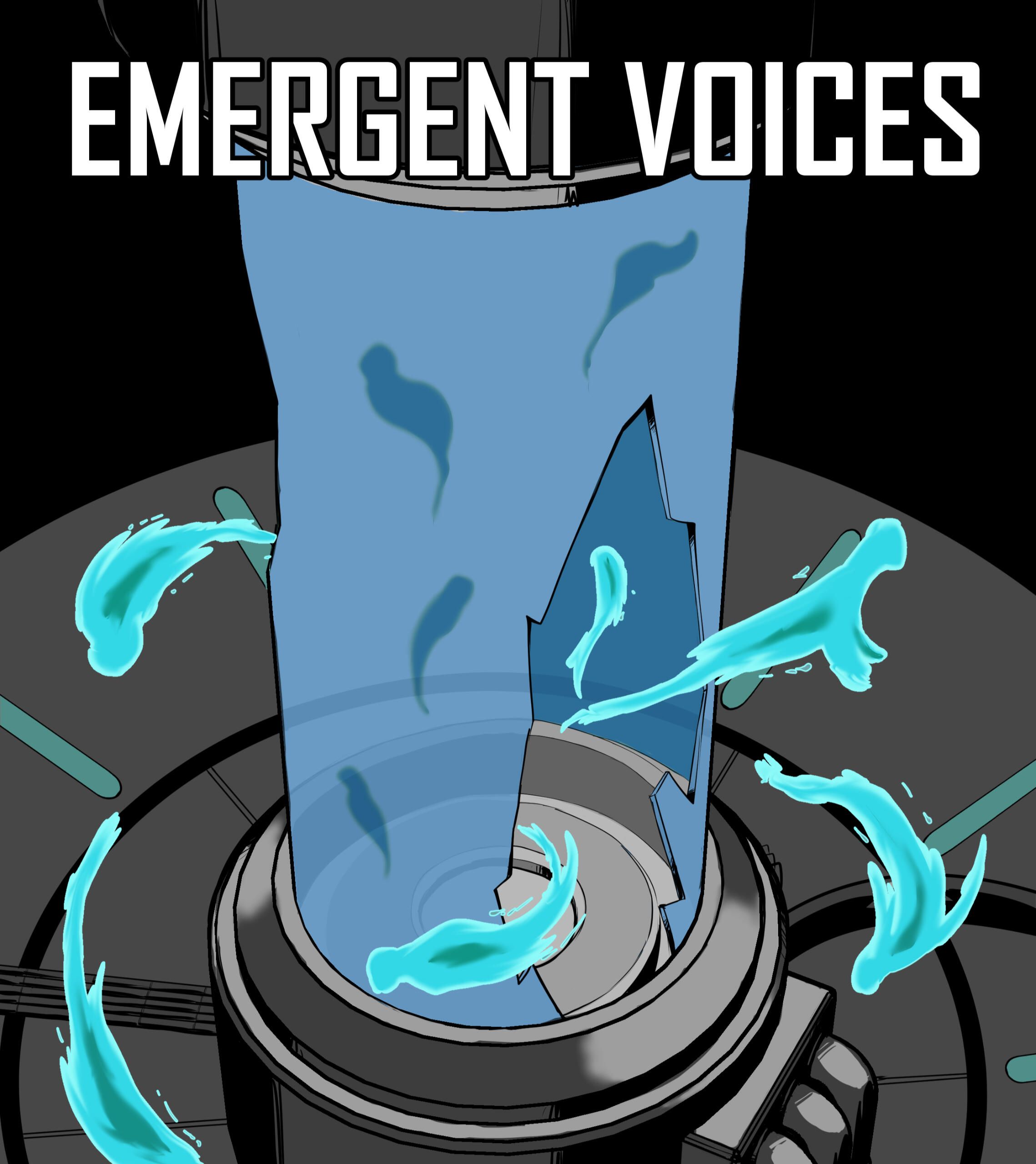 The cover of Emergent Voices, showing a broken containment tube with glowing blue, flame-like figures emerging and swirling into the air. The central tube is cracked, symbolizing release or escape. The background is dark and mechanical, evoking a lab or fa
